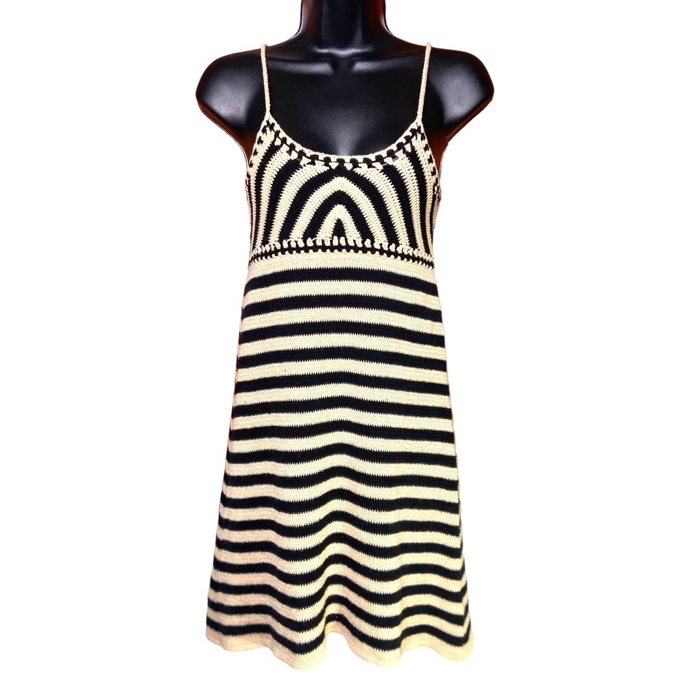Miou Muse Crochet Mini SunDress Beige Black Stripe Spaghetti Strap Size Small
